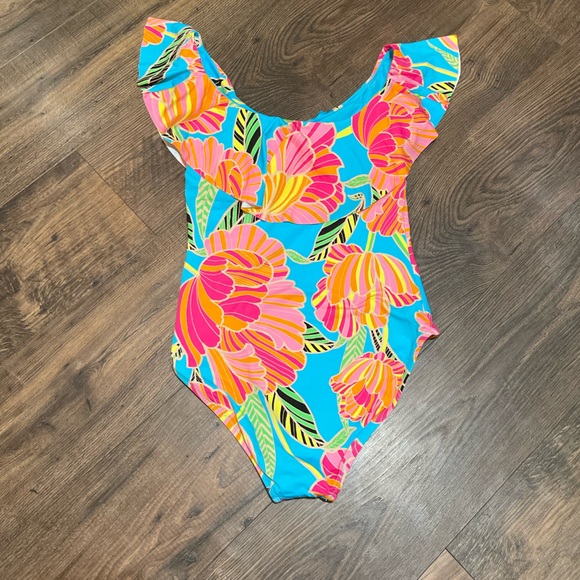 Trina Turk Womens POPPY OTS RUFFLE BANDEAU 1 Pc Swimsuit Off Shoulder Sz 10 - Picture 4 of 5